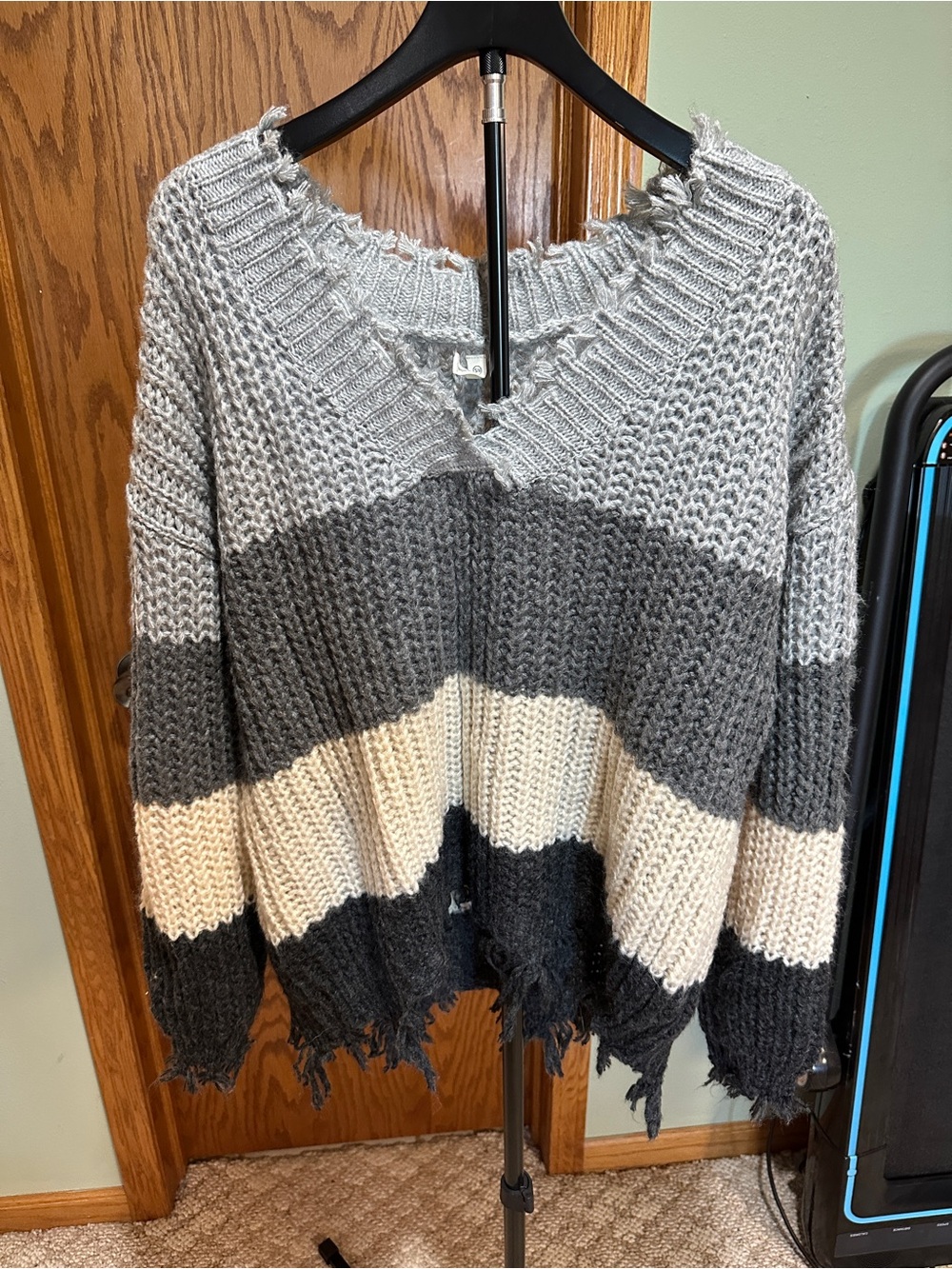 Wishlist Striped Distressed V-Neck Sweater in Gray, Cream, Black